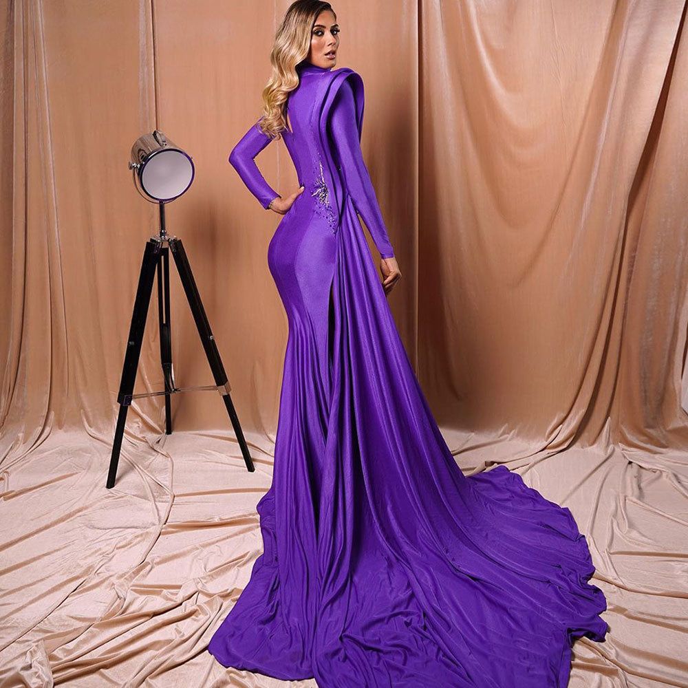 Style AD2074 Albina Dyla Size XS Pageant High Neck Purple Side Slit Dress on Queenly
