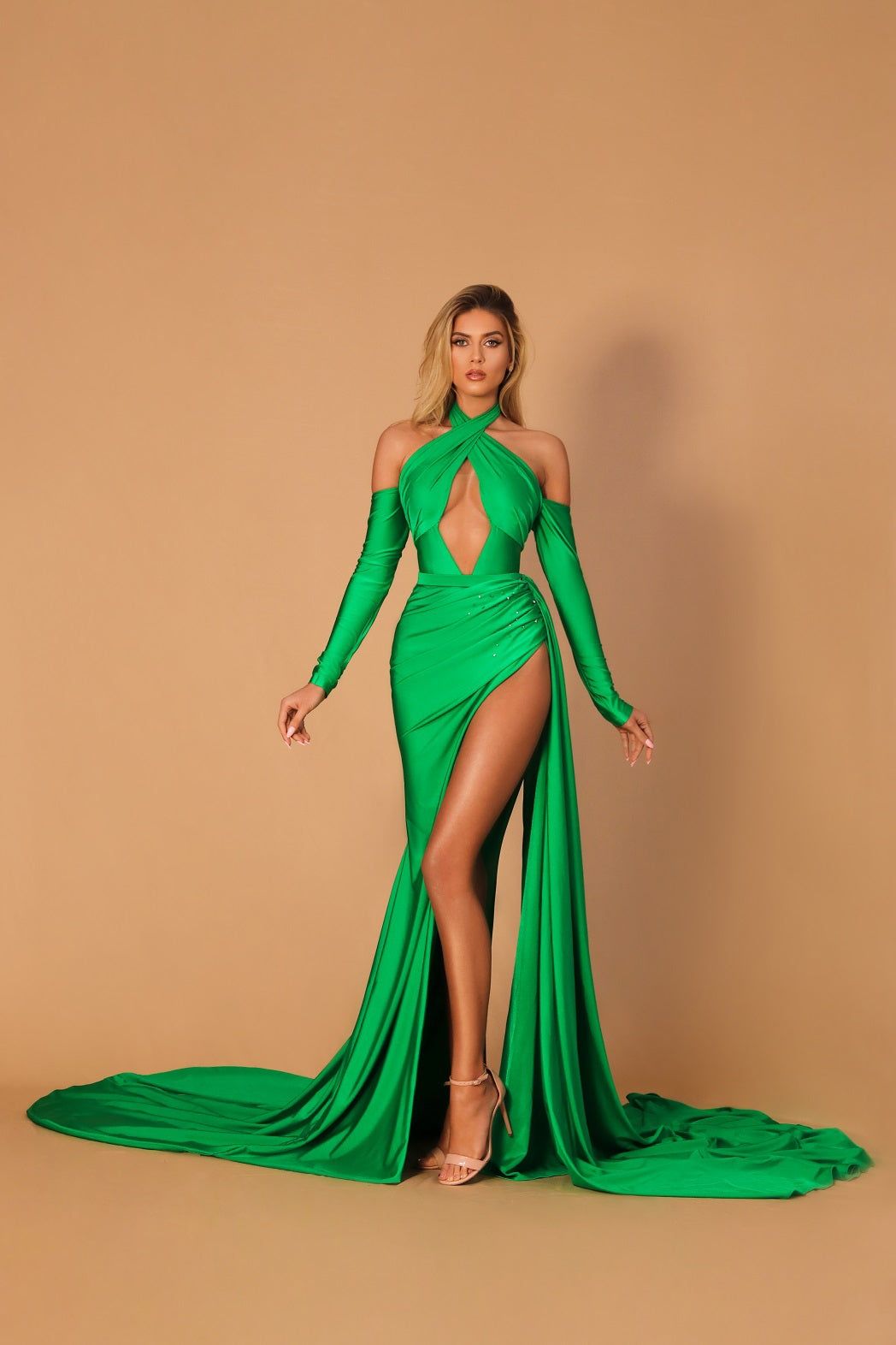 Style AD2021-1 Albina Dyla Size L Pageant Long Sleeve Green Side Slit Dress on Queenly