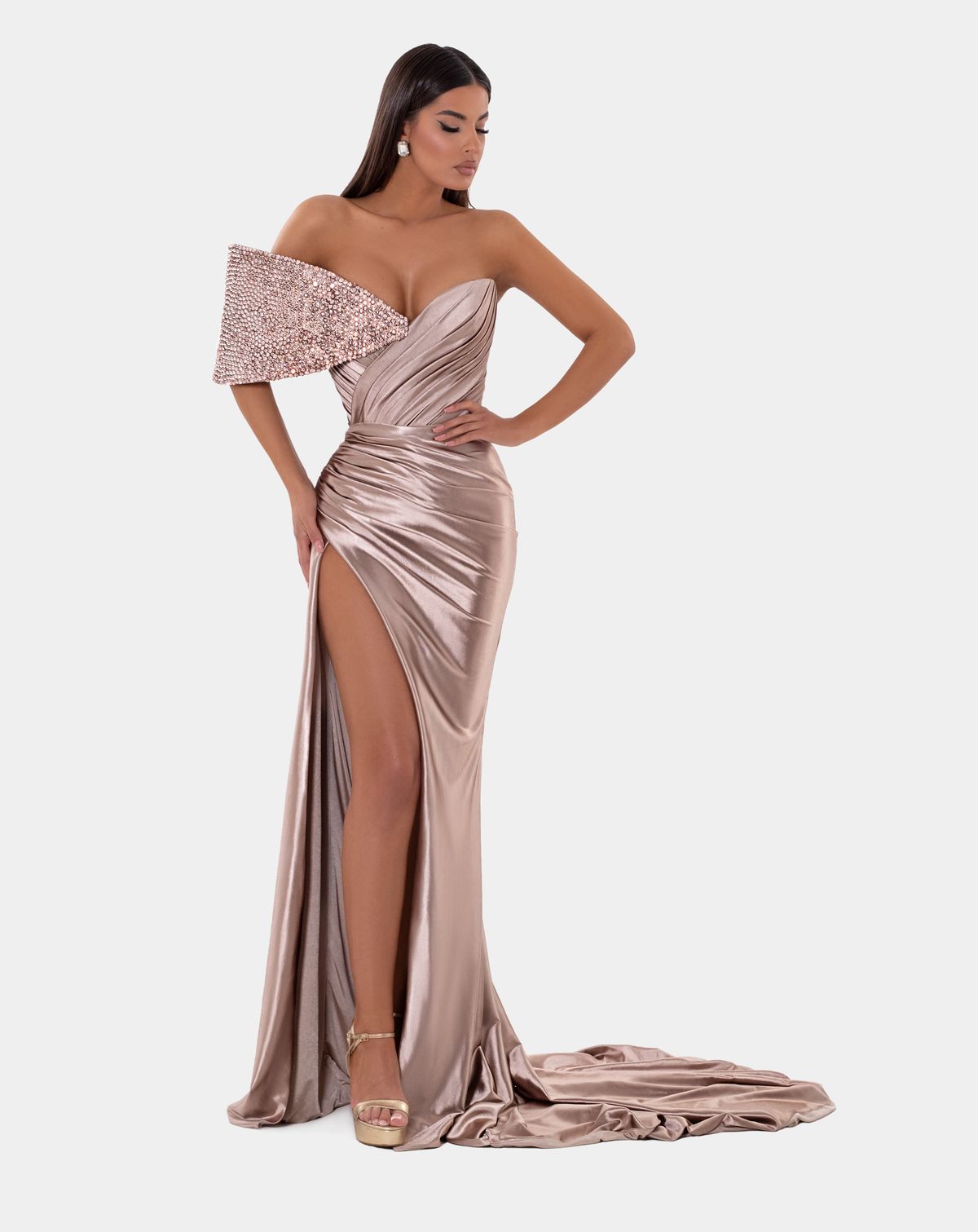 Style AD5122 Albina Dyla Size XXL Pageant Gold Side Slit Dress on Queenly