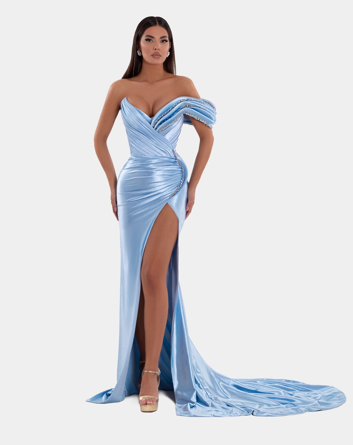 Style AD5119 Albina Dyla Size L Pageant Sequined Light Blue Side Slit Dress on Queenly