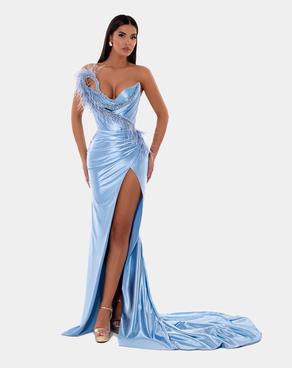 Style AD5117 Albina Dyla Size L Pageant Sequined Light Blue Side Slit Dress on Queenly