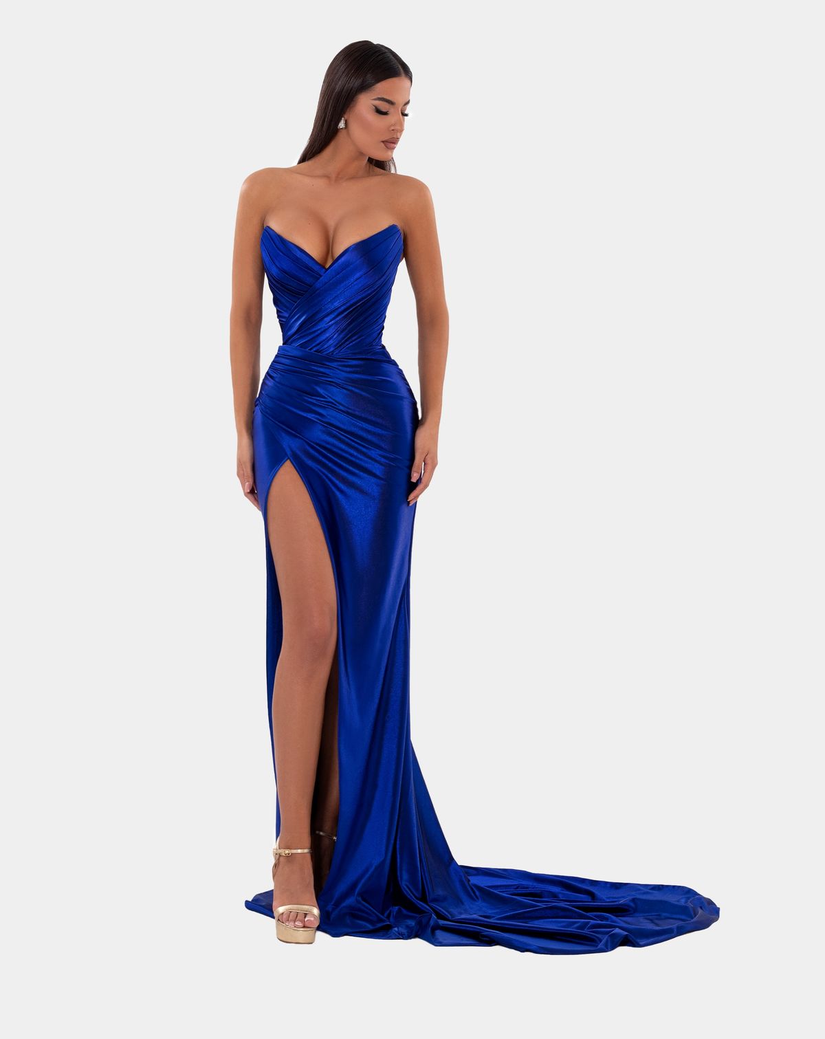 Style AD5109 Albina Dyla Size L Pageant Sequined Royal Blue Side Slit Dress on Queenly