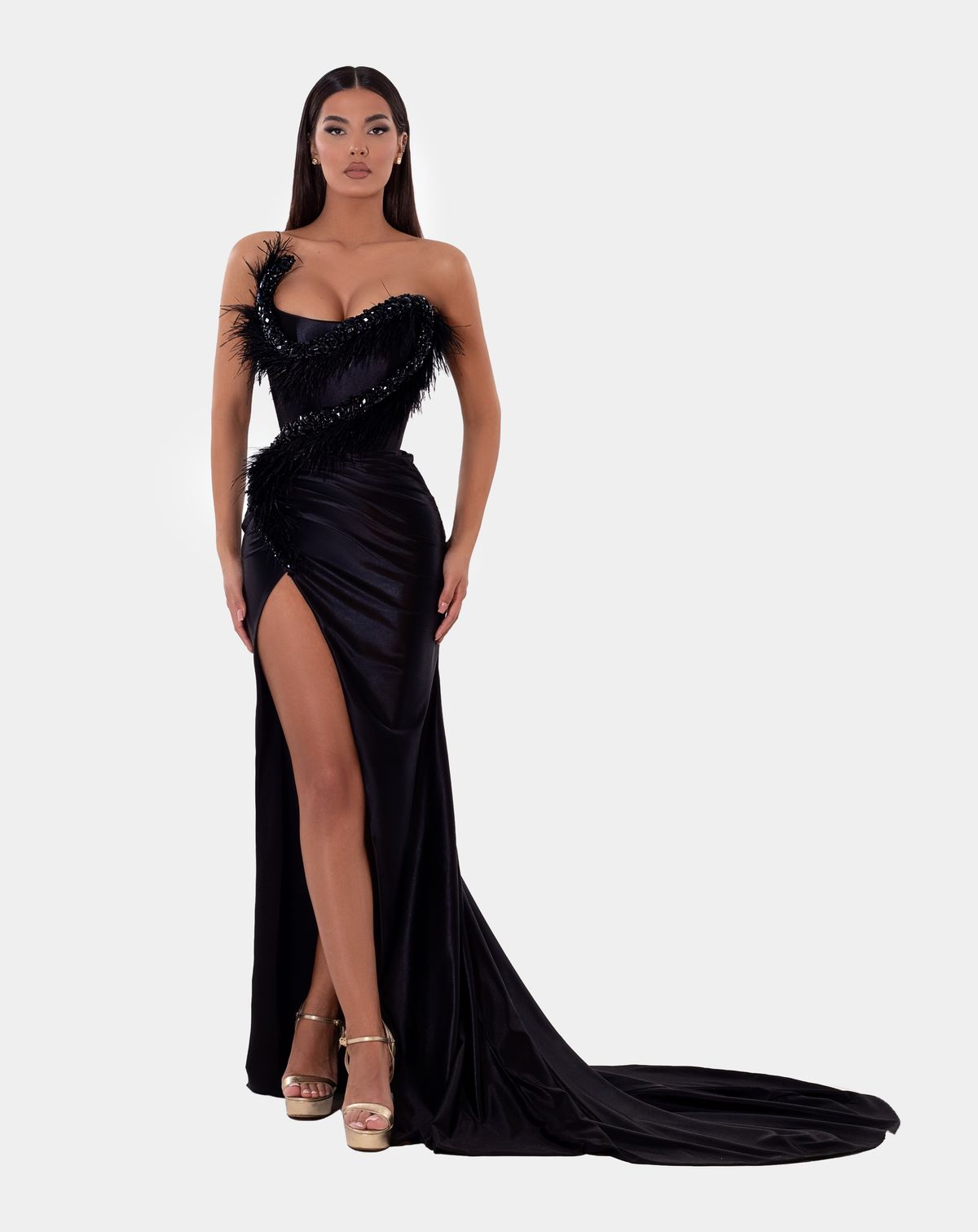 Style AD5101 Albina Dyla Size XS Pageant Sequined Black Side Slit Dress on Queenly