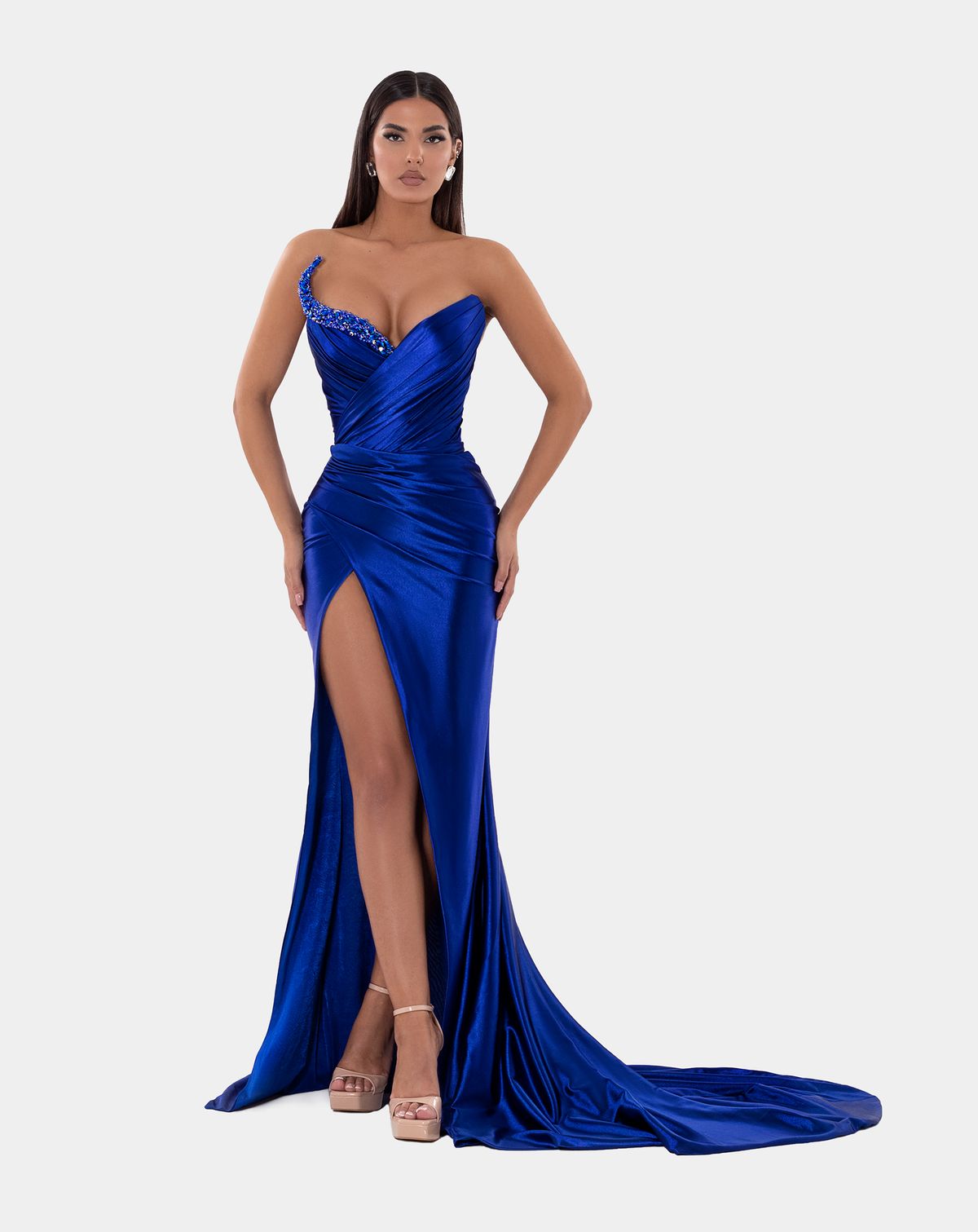 Style AD5111 Albina Dyla Size M Pageant Sequined Royal Blue Floor Length Maxi on Queenly
