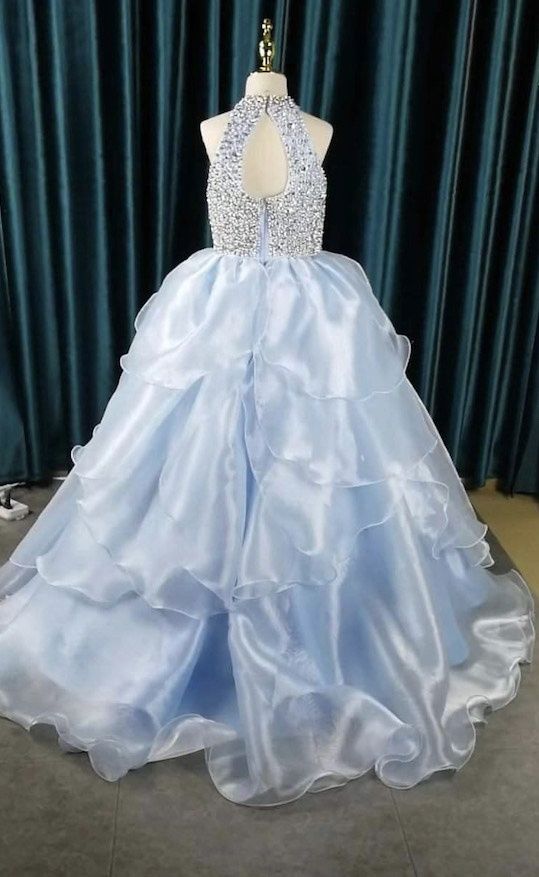 Yun Yun He Girls Size 8 Pageant Sequined Light Blue Ball Gown on Queenly