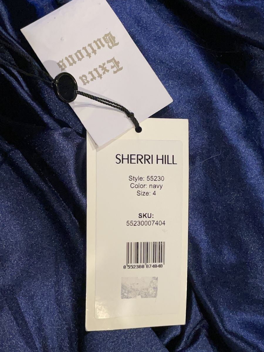 Sherri Hill Size 4 Satin Navy Blue Side Slit Dress on Queenly