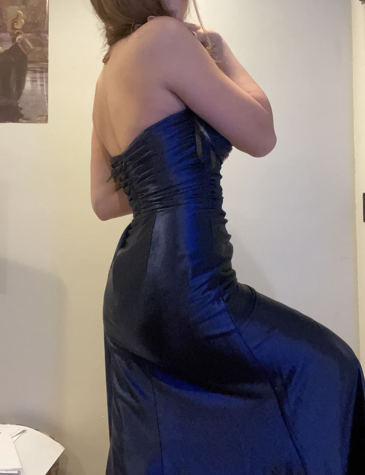 Sherri Hill Size 4 Satin Navy Blue Side Slit Dress on Queenly