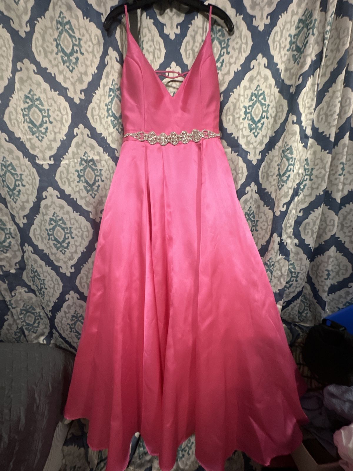 Jovani Size 14 Bridesmaid Plunge Satin Hot Pink Ball Gown on Queenly