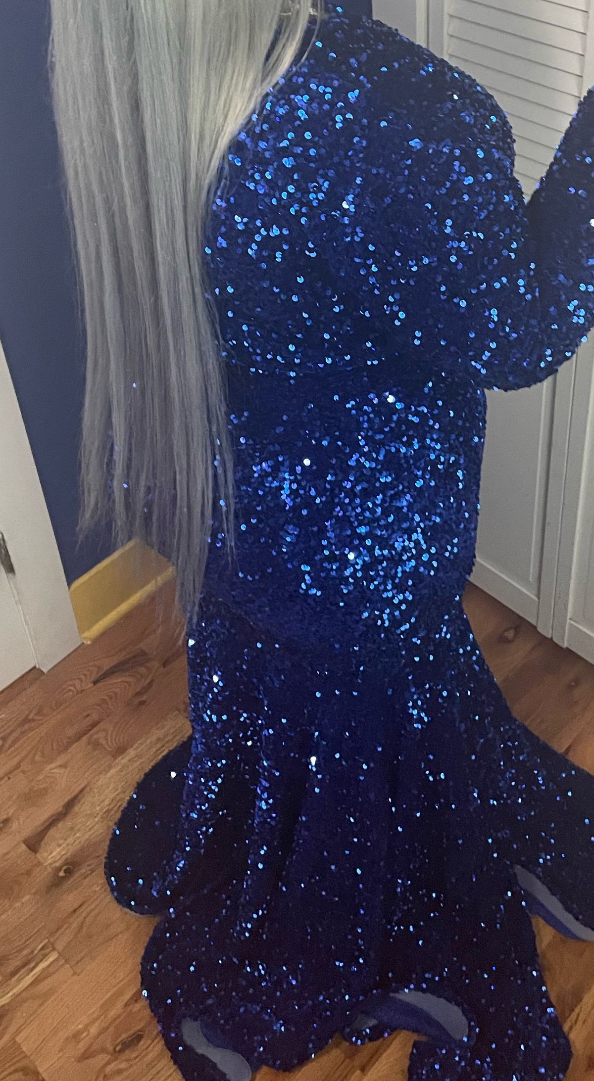 Plus Size 16 Prom Long Sleeve Sequined Royal Blue A-line Dress on Queenly