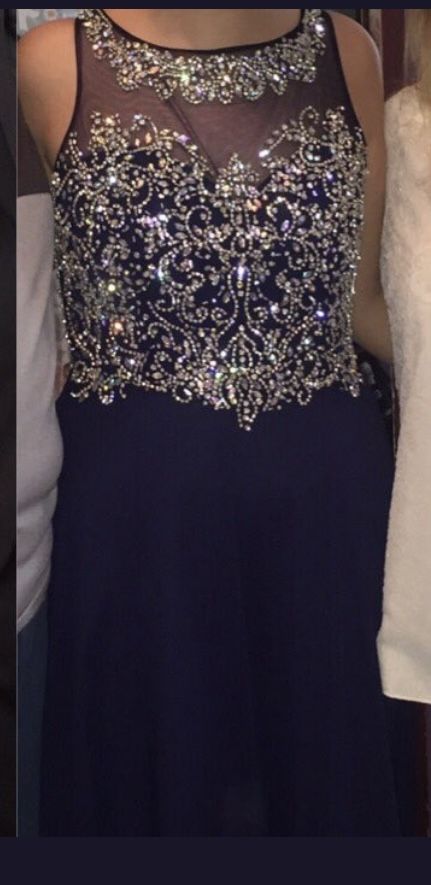 Size 10 Prom Sequined Navy Blue A-line Dress on Queenly