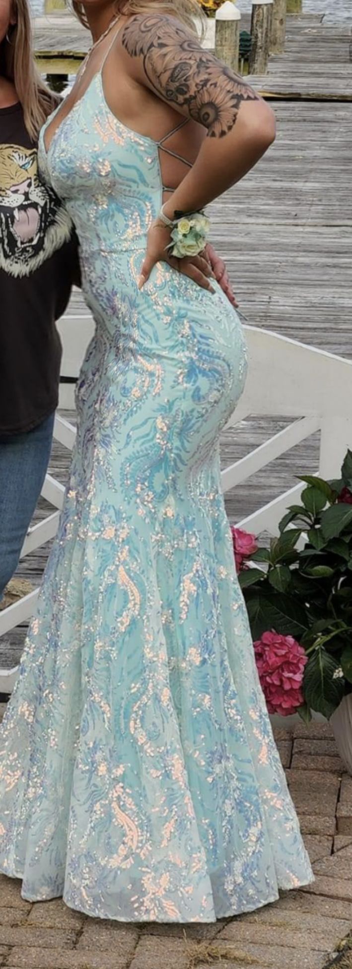 Size 14 Prom Sequined Light Blue Mermaid Dress on Queenly