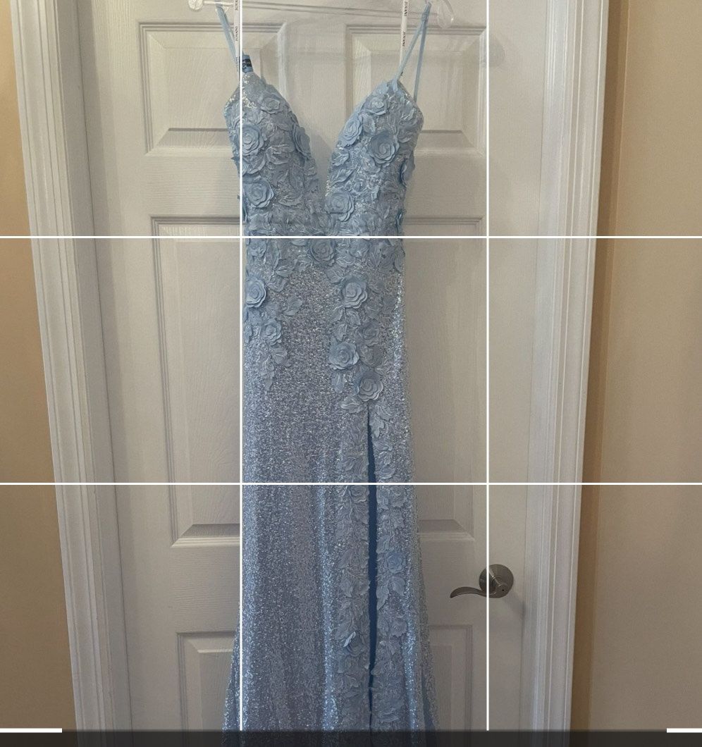 Jovani Size 2 Bridesmaid Plunge Lace Light Blue Floor Length Maxi on Queenly