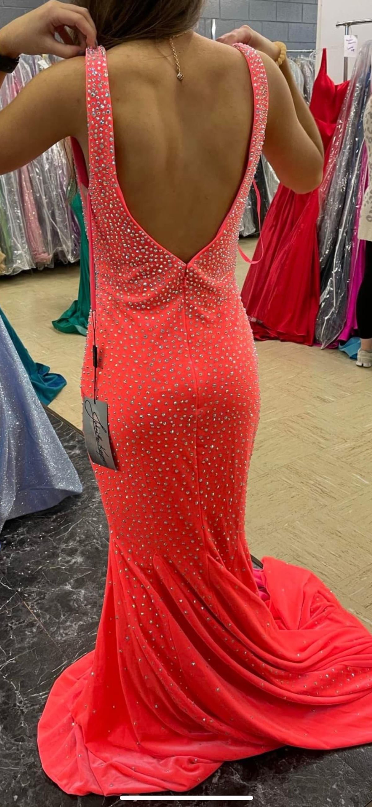 Johnathan Kayne Size 2 Prom Plunge Sequined Coral Floor Length Maxi on Queenly