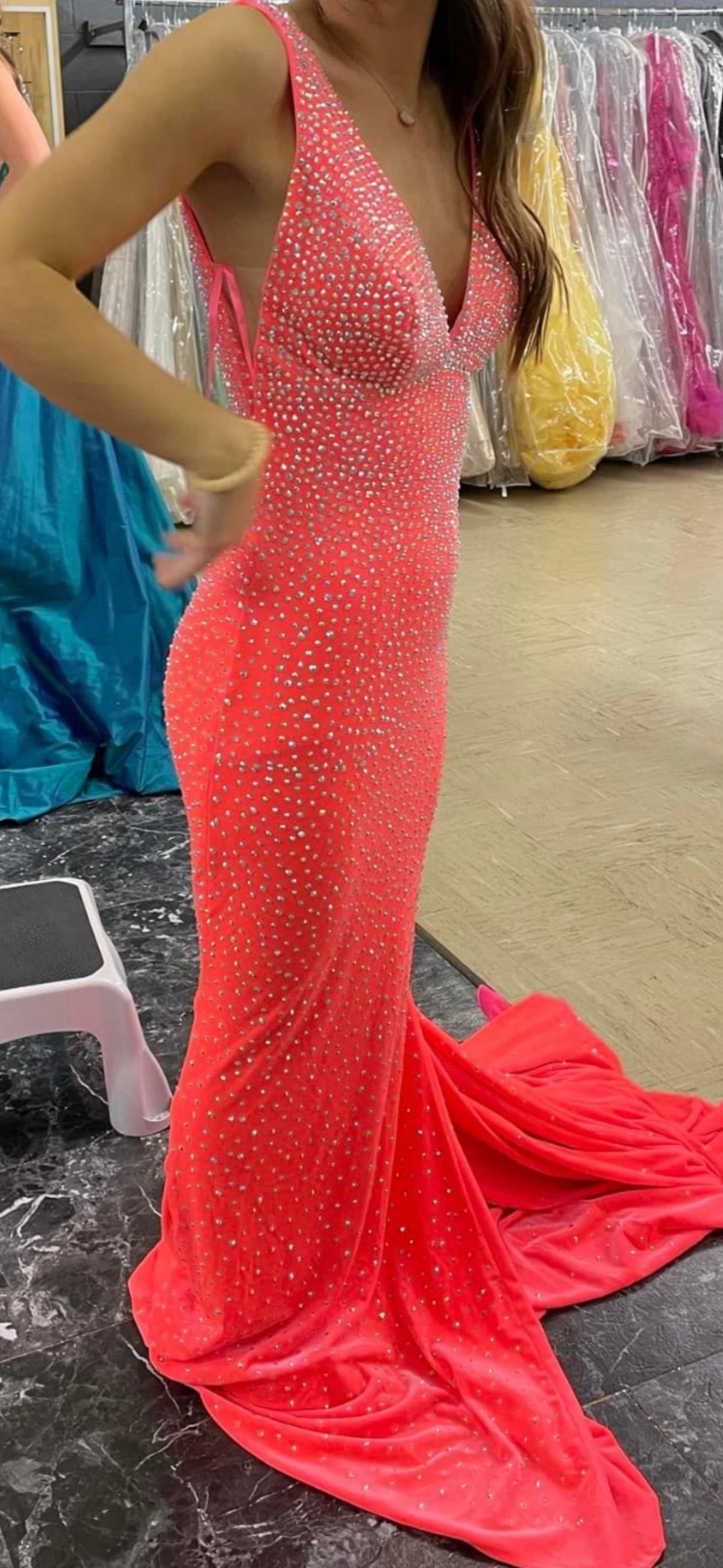 Johnathan Kayne Size 2 Prom Plunge Sequined Coral Floor Length Maxi on Queenly