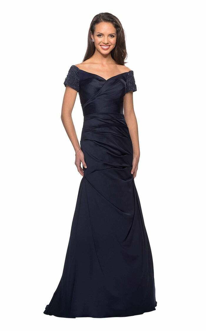la femme Plus Size 16 Prom Off The Shoulder Sequined Navy Blue Ball Gown on Queenly