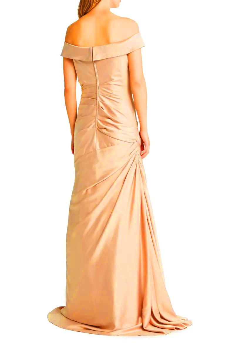 La Femme Size 6 Off The Shoulder Satin Nude Ball Gown on Queenly