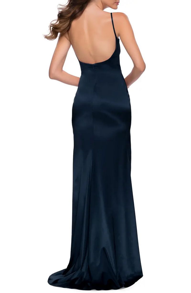 La Femme Size 10 Bridesmaid Satin Navy Blue Side Slit Dress on Queenly