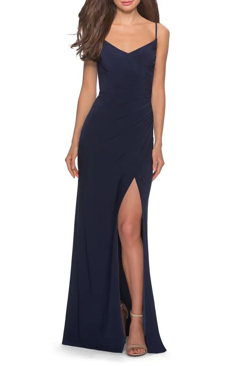 la femme Size 10 Prom Navy Blue Side Slit Dress on Queenly