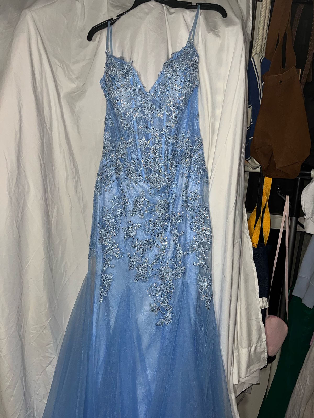 Camille La Vie Size 14 Prom Lace Light Blue Mermaid Dress on Queenly