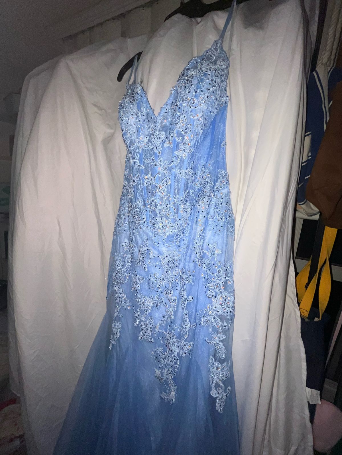 Camille La Vie Size 14 Prom Lace Light Blue Mermaid Dress on Queenly