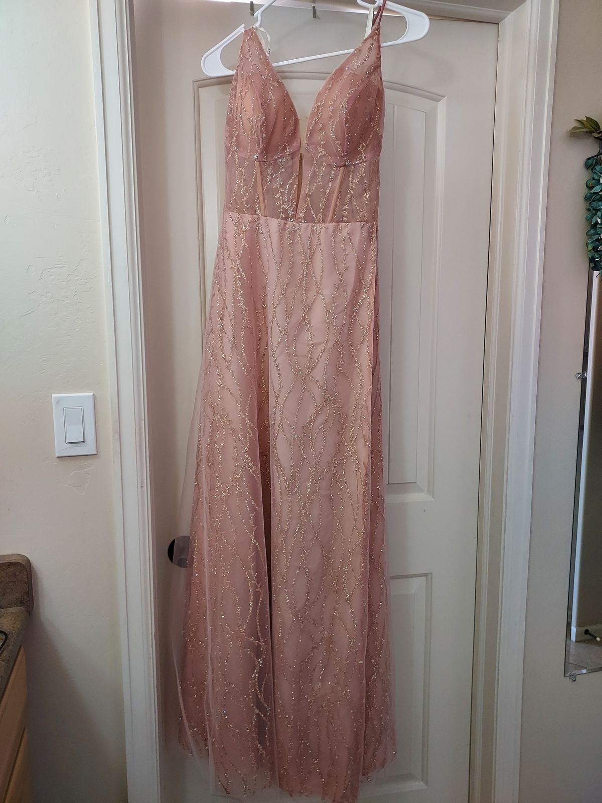 Galina Signature  Plus Size 16 Prom Plunge Sequined Rose Gold A-line Dress on Queenly