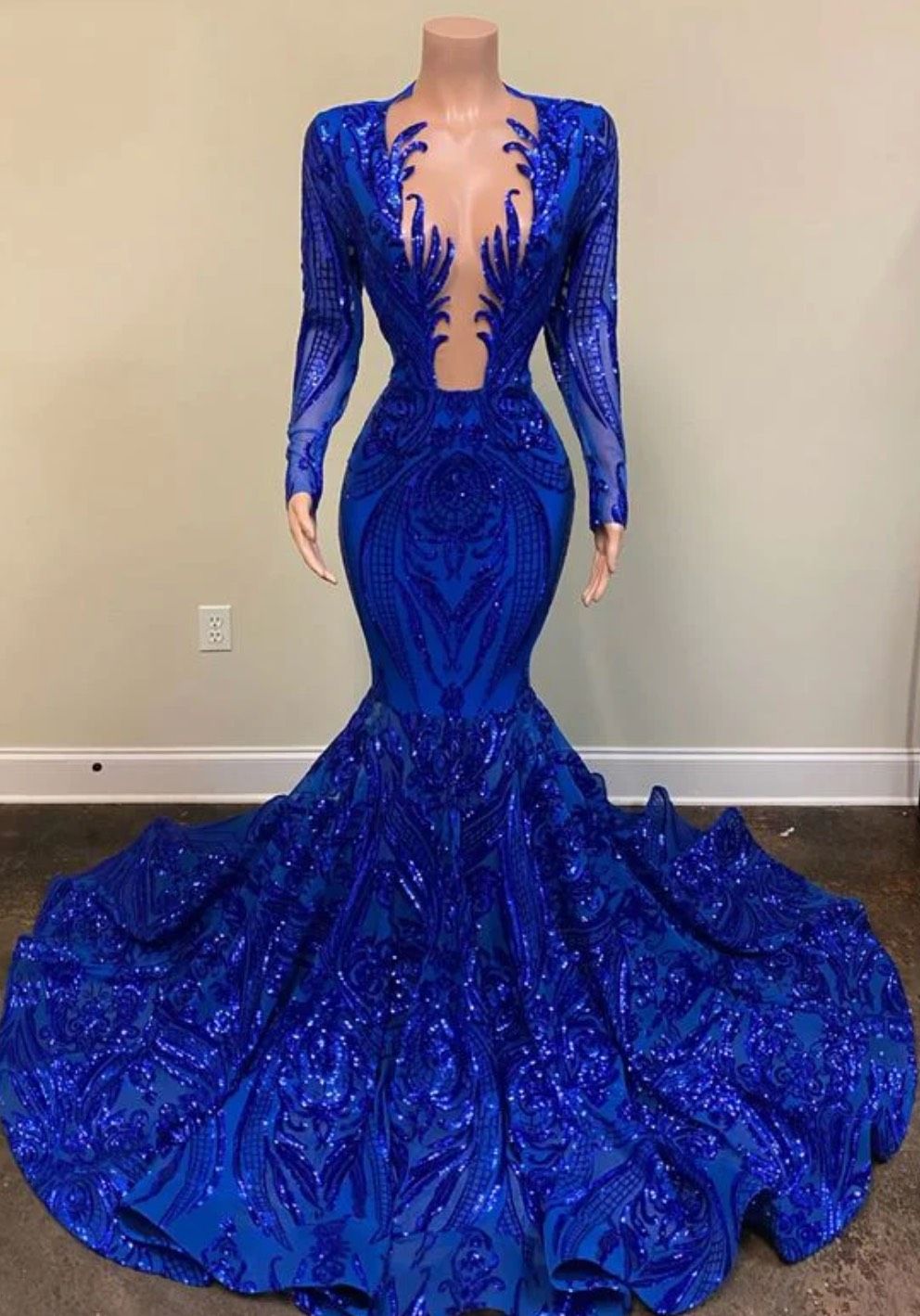 Plus Size 18 Prom Long Sleeve Sequined Blue Mermaid Dress on Queenly