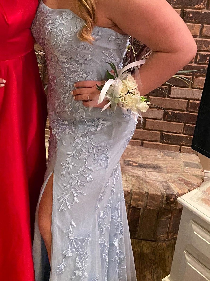 Sherri Hill Size 12 Prom Lace Light Blue Side Slit Dress on Queenly