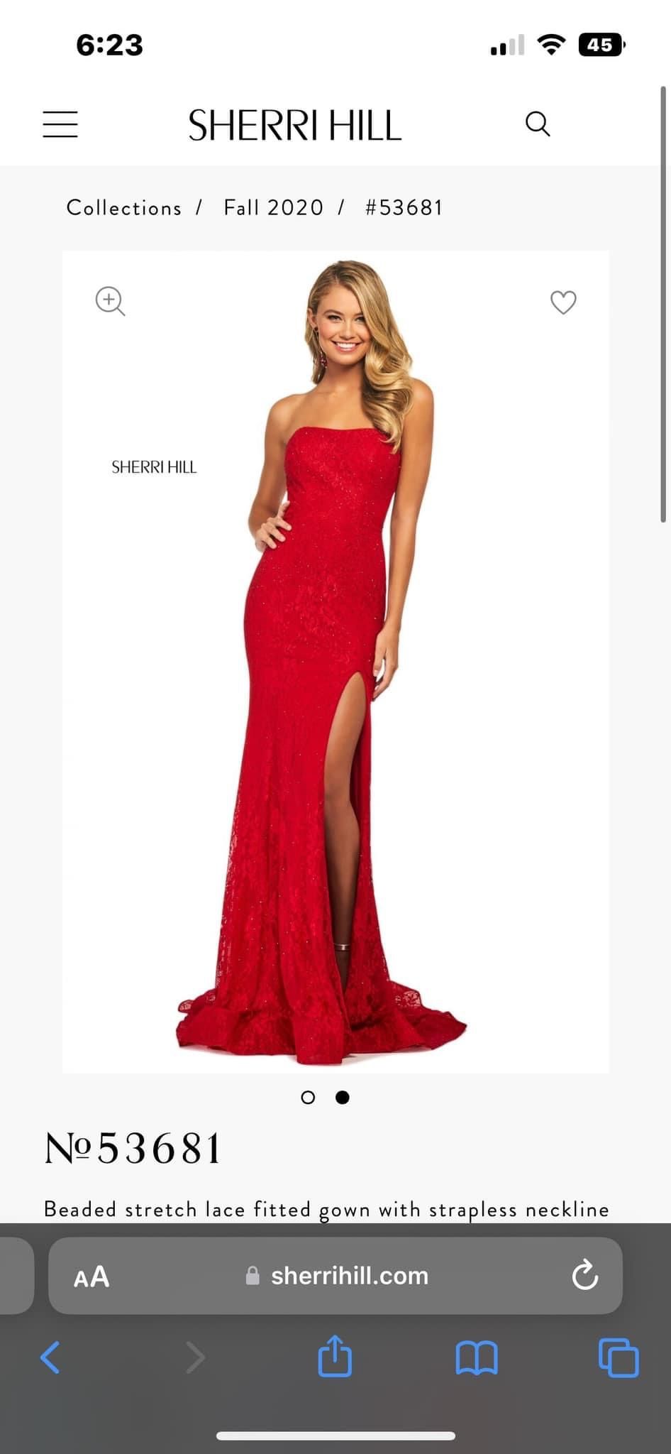 Style 53681 Sherri Hill Size 4 Prom Strapless Lace Red Side Slit Dress on Queenly