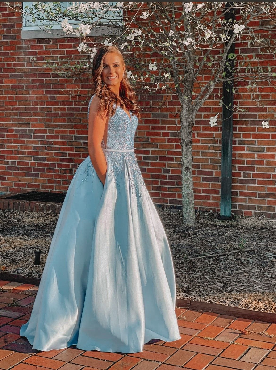 Size 6 Prom Sequined Light Blue Ball Gown on Queenly