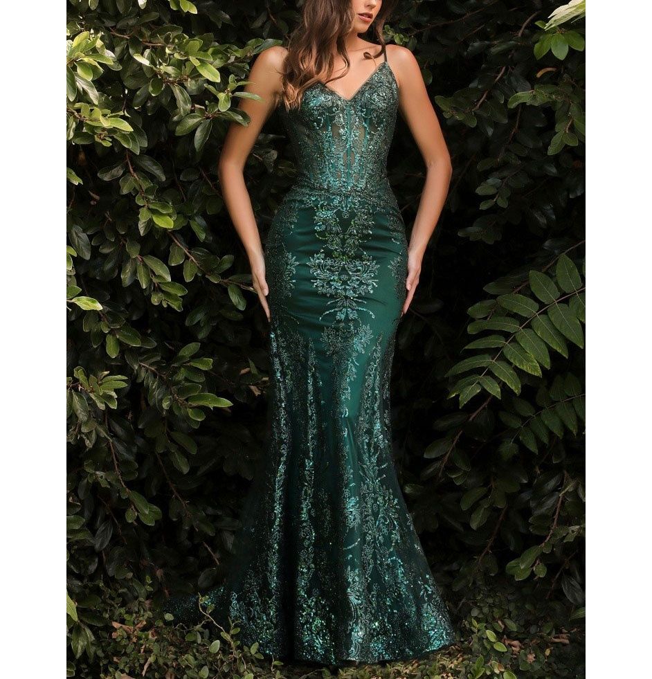Style Emerald Green Glitter & Sequined Sheer Corset Mermaid Gown Adora Size 2 Sheer Green Mermaid Dress on Queenly