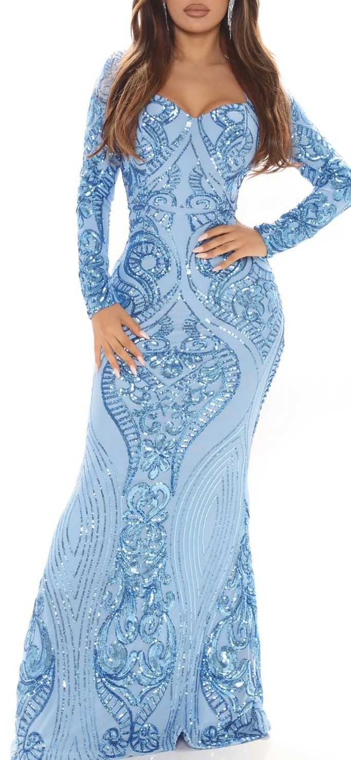 Size S Prom Long Sleeve Sequined Light Blue Floor Length Maxi on Queenly