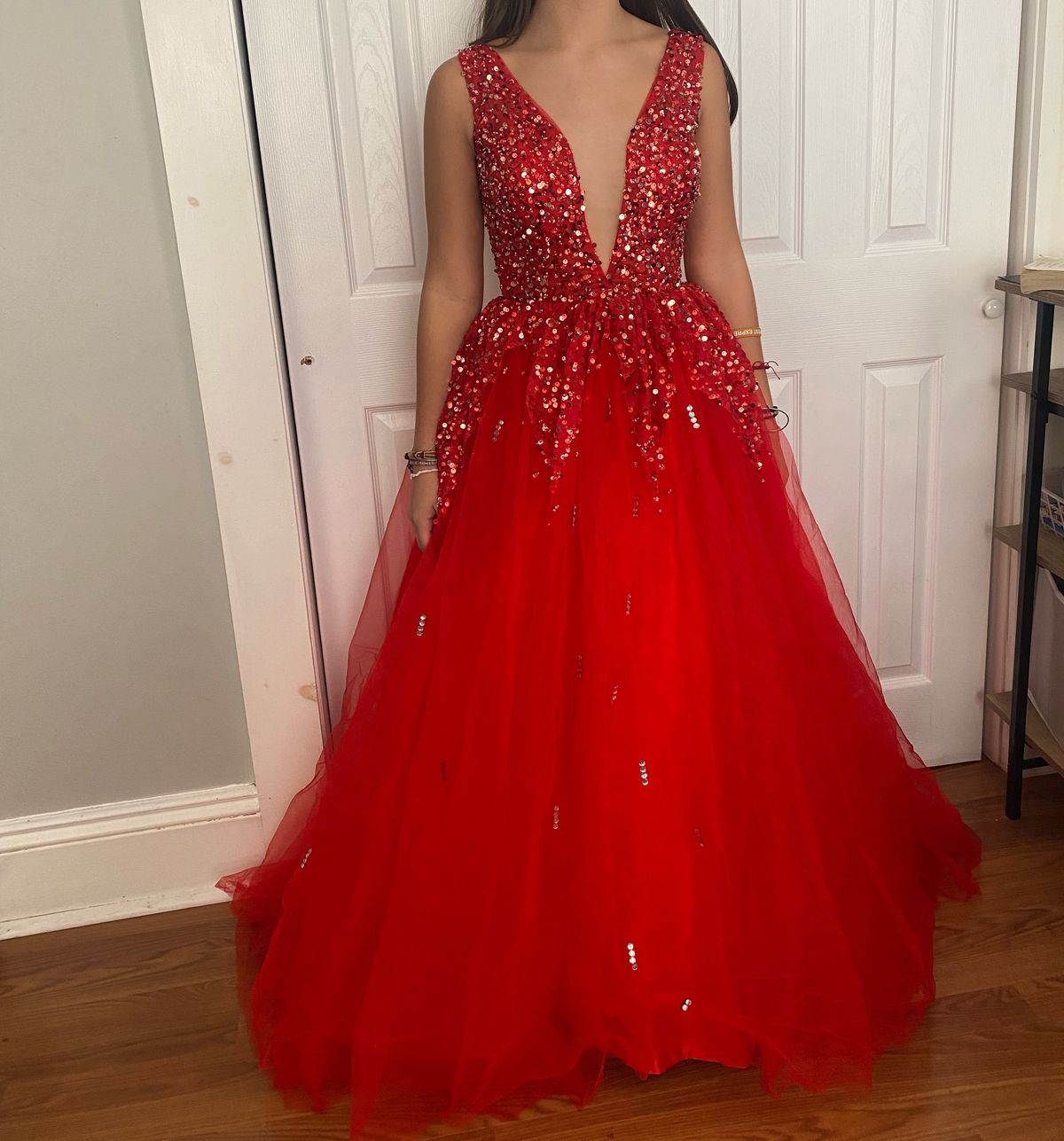 Size 2 Prom Plunge Sheer Red Floor Length Maxi on Queenly