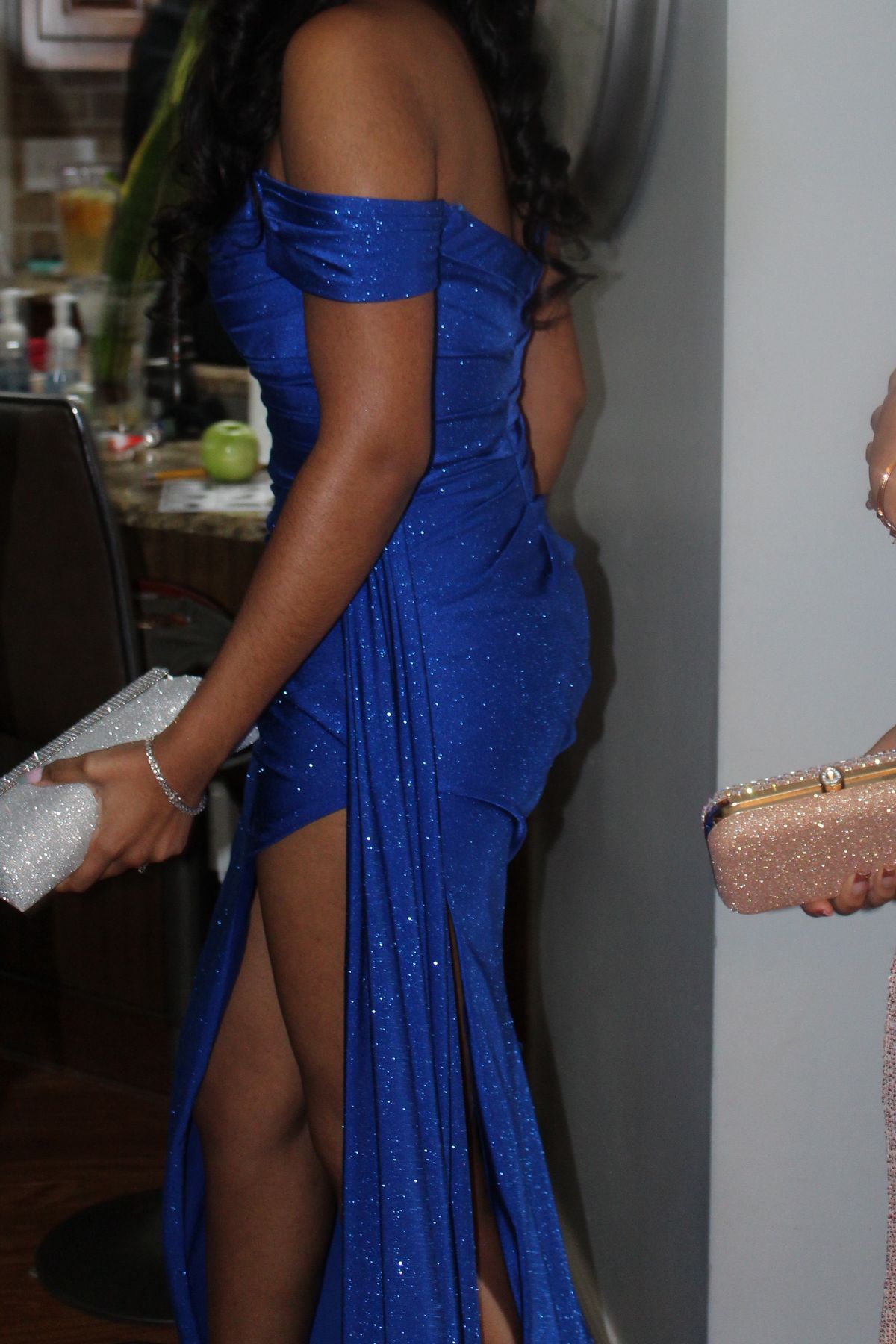 Size 8 Prom Off The Shoulder Sequined Blue Side Slit Dress on Queenly