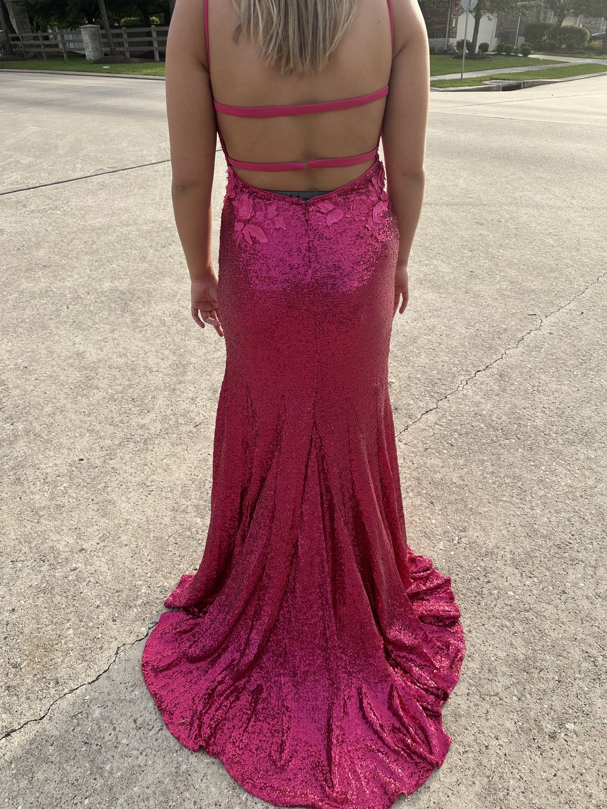 Jovani Size 8 Prom Plunge Lace Hot Pink Floor Length Maxi on Queenly