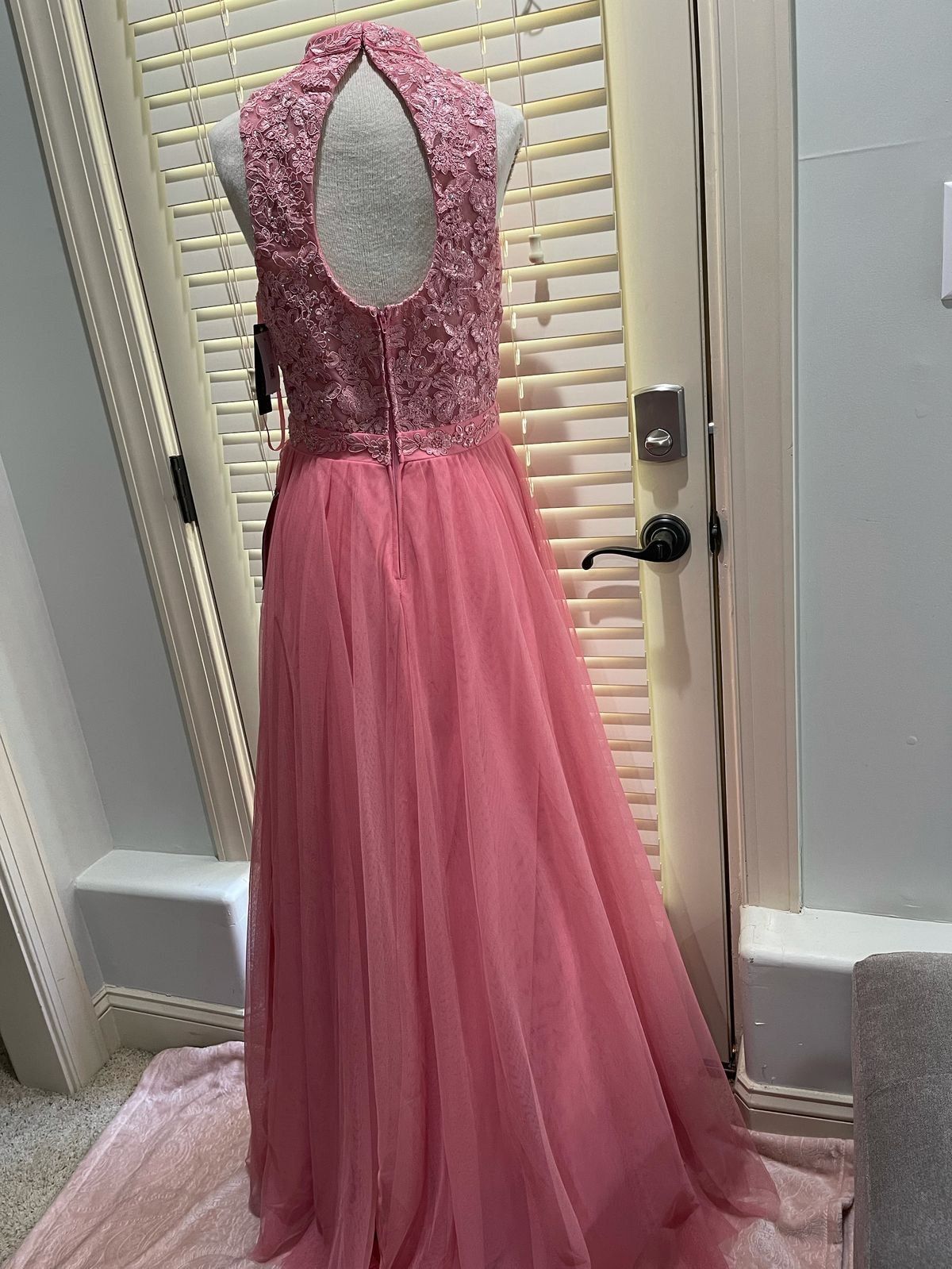 Girls Size 7 Prom High Neck Lace Pink A-line Dress on Queenly