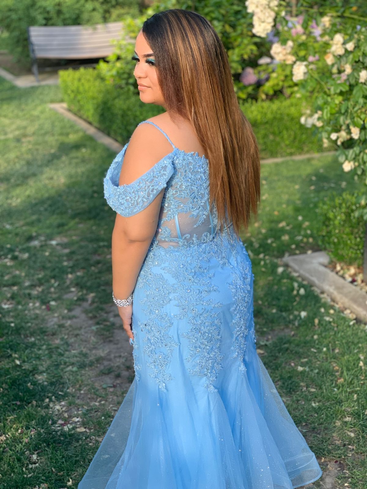 Style 7733 Lets Plus Size 26 Prom Lace Light Blue Ball Gown on Queenly