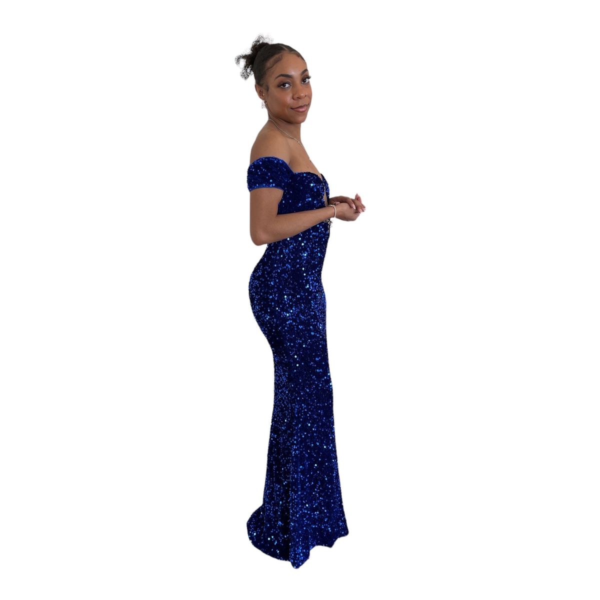 Size 4 Prom Plunge Sequined Blue Mermaid Dress on Queenly
