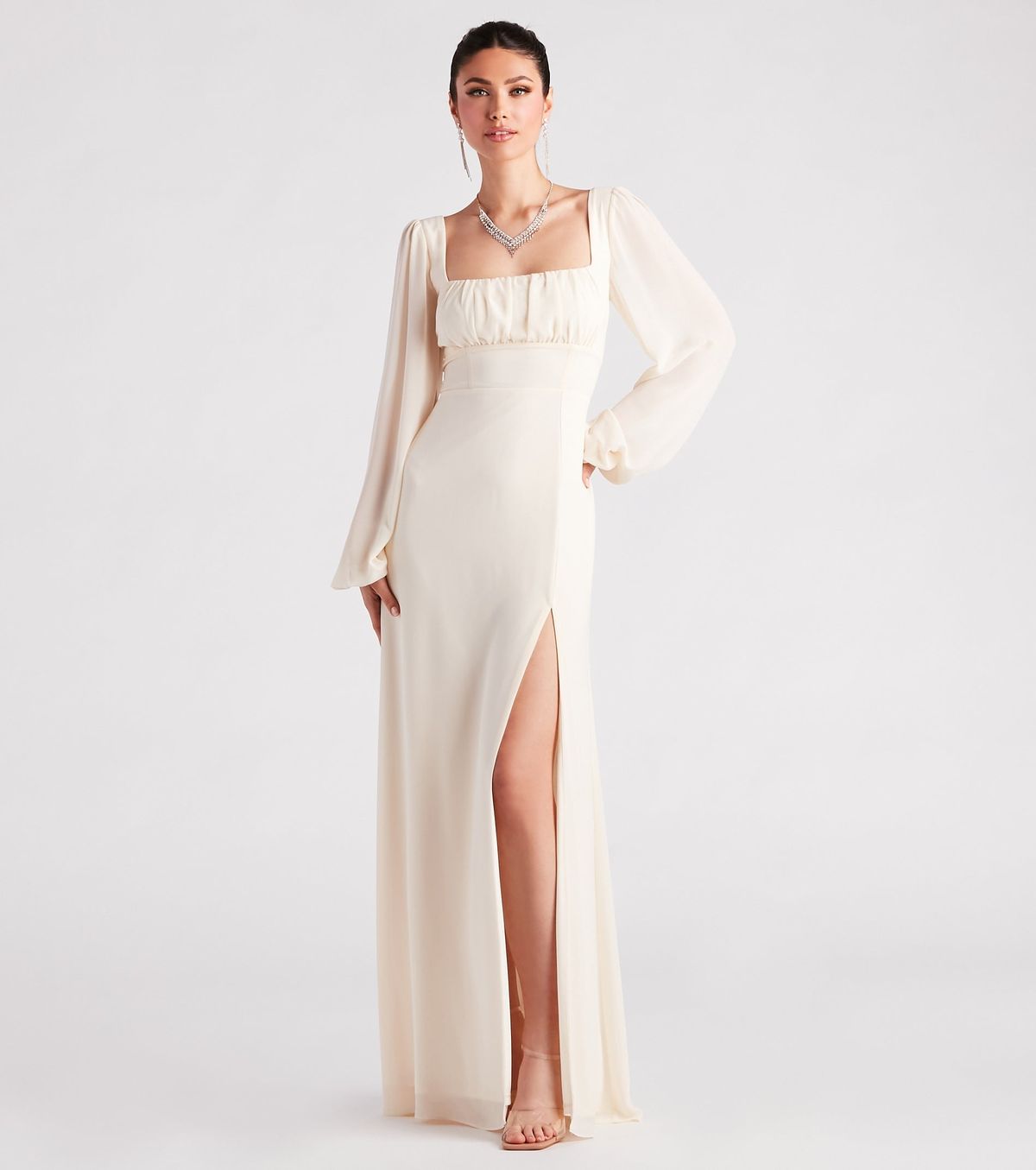 Style 05002-2933 Windsor Size XS Prom Long Sleeve Sheer White Side Slit Dress on Queenly