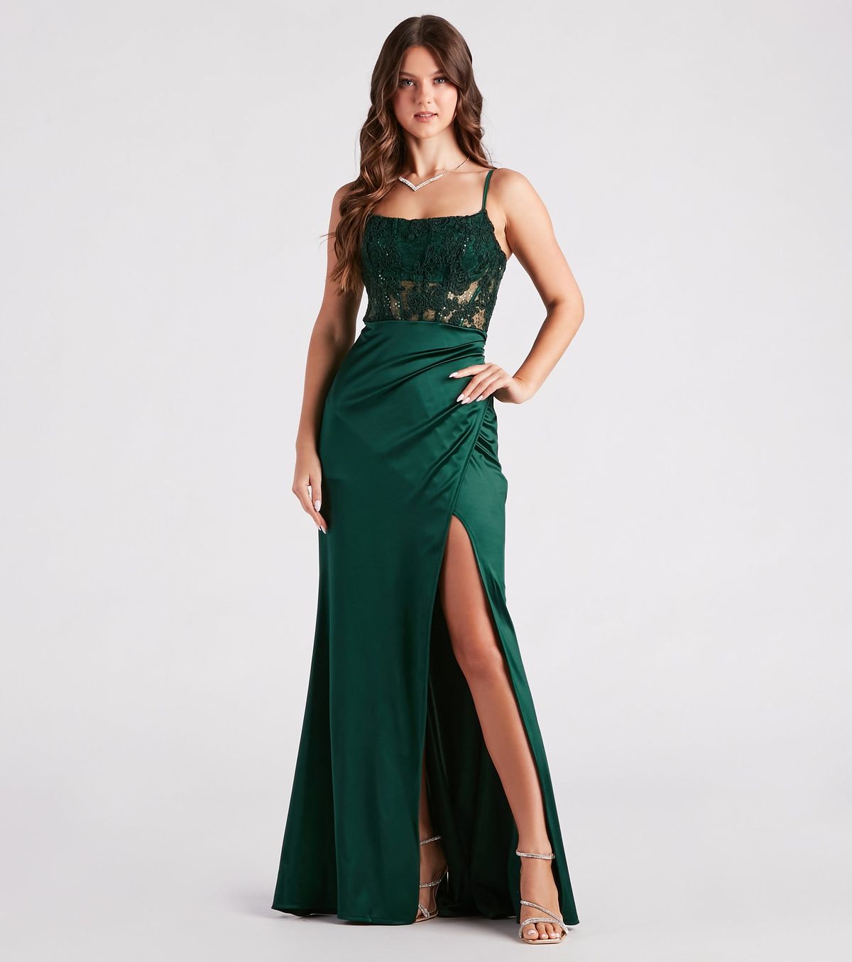 Style 05002-3037 Windsor Size 4 Bridesmaid Lace Green Side Slit Dress on Queenly