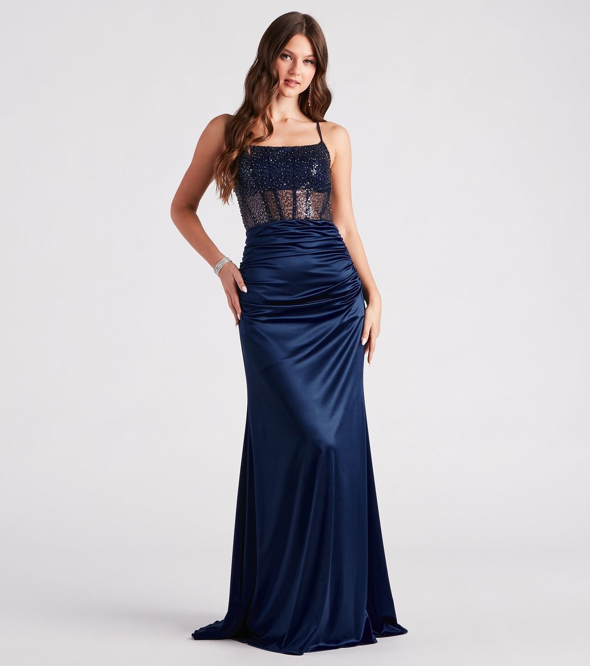 Style 05002-3039 Windsor Size 10 Bridesmaid Satin Blue Mermaid Dress on Queenly
