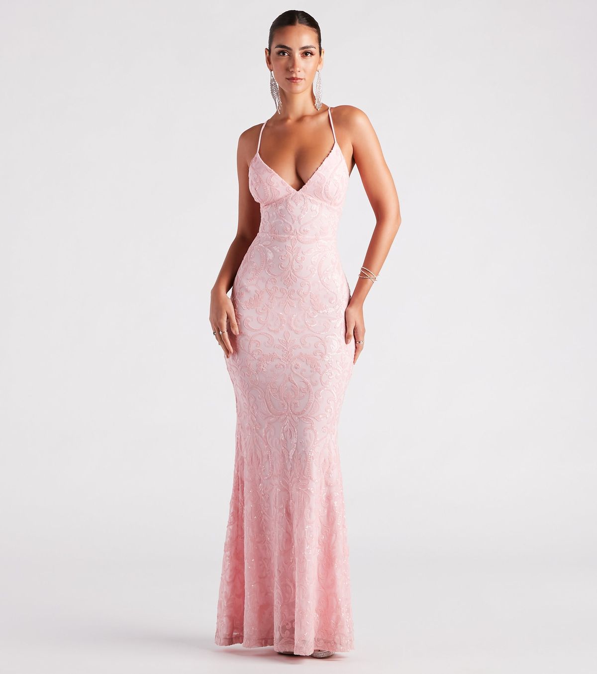 Style 05002-3948 Windsor Size L Bridesmaid Sequined Pink Mermaid Dress on Queenly