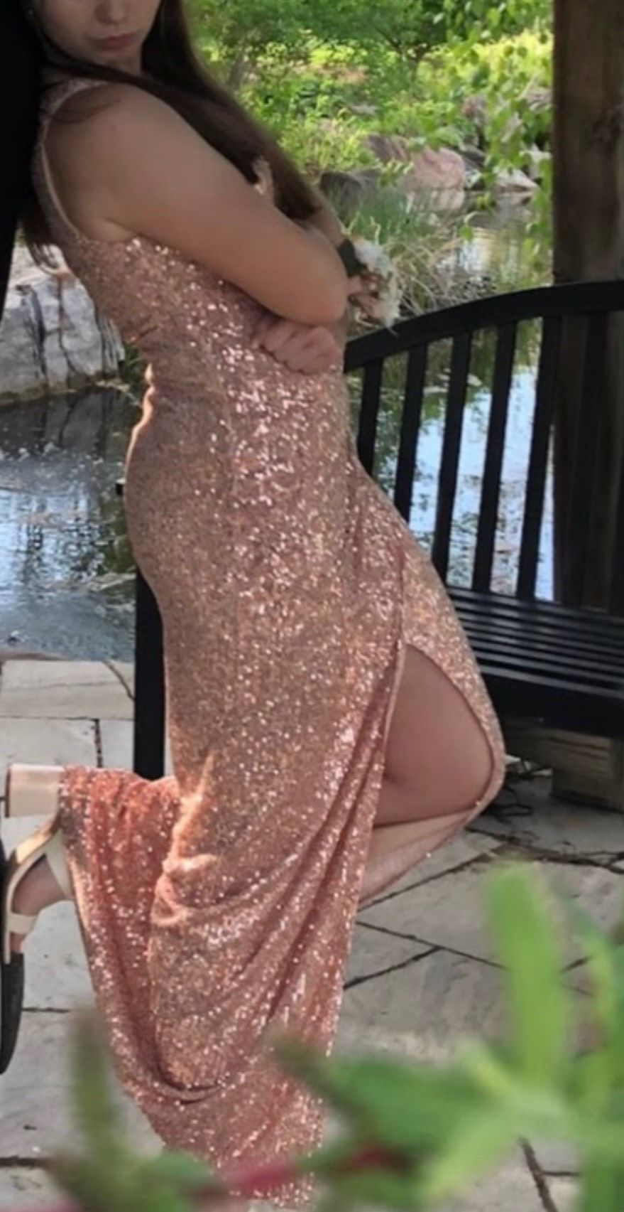 Size 4 Prom One Shoulder Sequined Rose Gold Side Slit Dress on Queenly