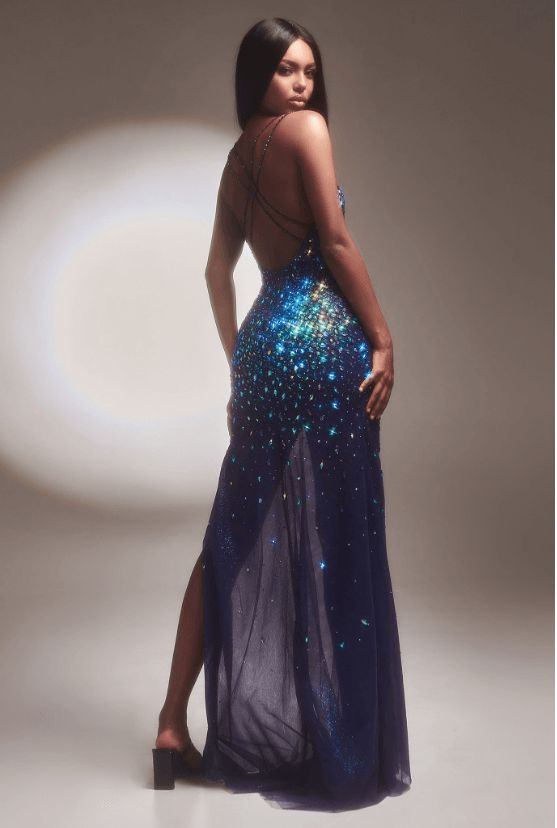 Style EMBELLISHED Belle Le Chic Size 12 Prom Plunge Sequined Blue Side Slit Dress on Queenly