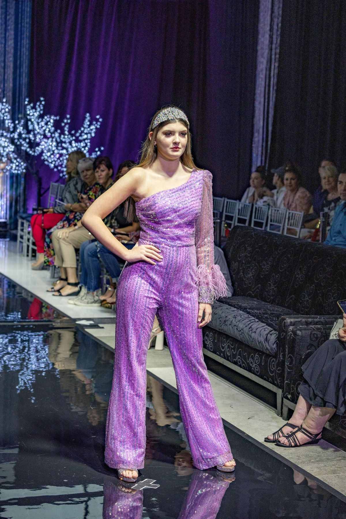 Style ONE Belle Le Chic Size 2 Pageant One Shoulder Sequined Purple Formal Jumpsuit on Queenly