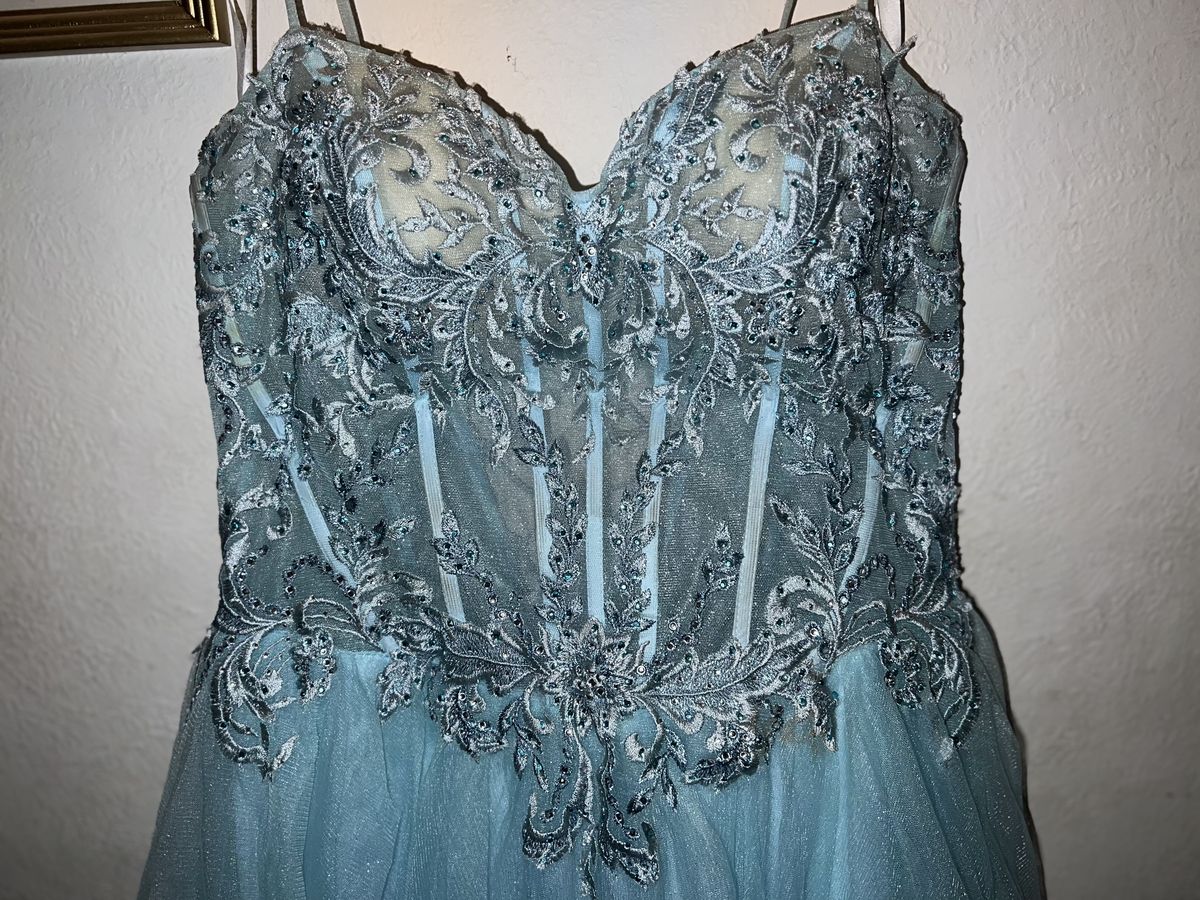 Jovani Size 14 Prom Strapless Lace Light Blue Ball Gown on Queenly