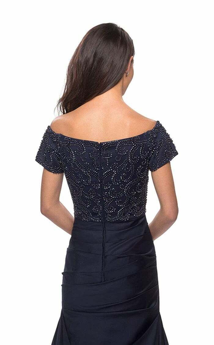 La Femme Size 8 Off The Shoulder Satin Navy Blue Ball Gown on Queenly