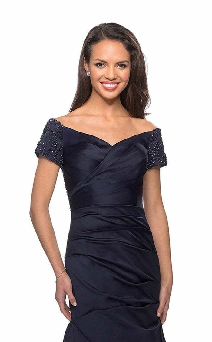 La Femme Size 8 Off The Shoulder Satin Navy Blue Ball Gown on Queenly