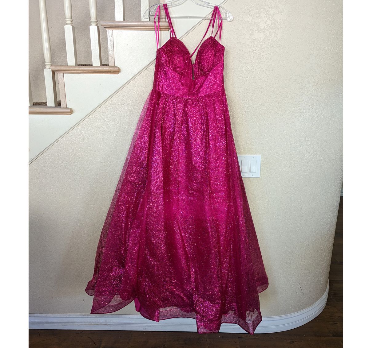 Style Fuchsia Pink Sweetheart Neckline Glitter A-line Ball Gown Cinderella Size 4 Sheer Pink Ball Gown on Queenly