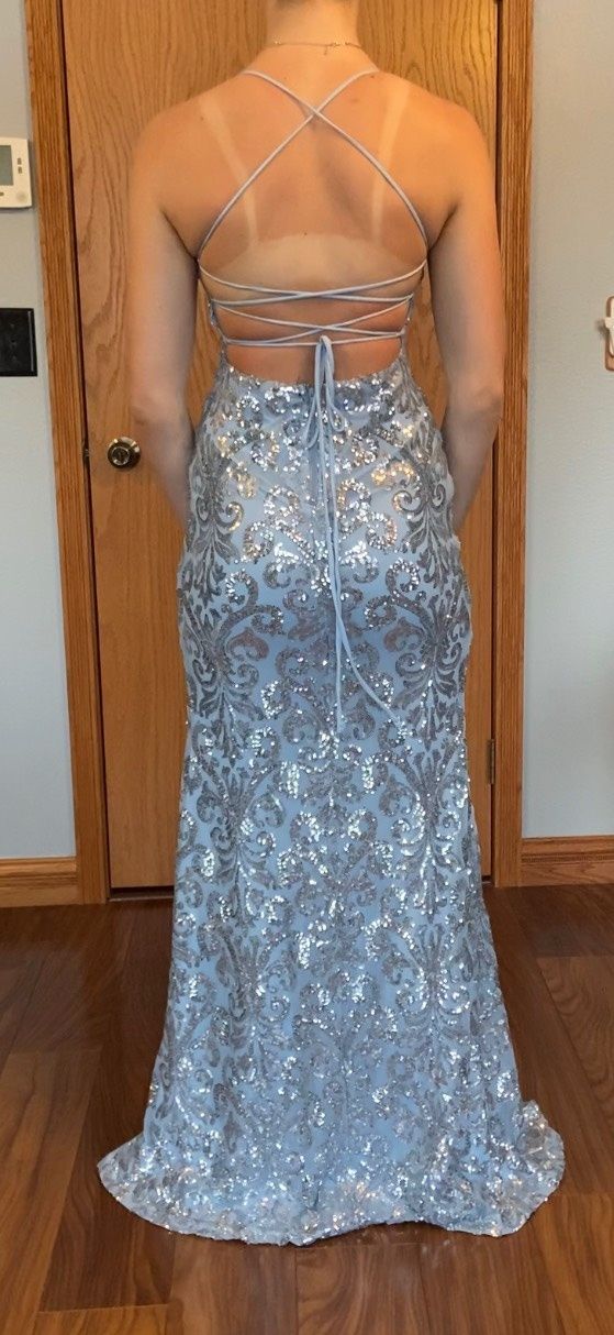 Size M Prom Sequined Blue Side Slit Dress on Queenly