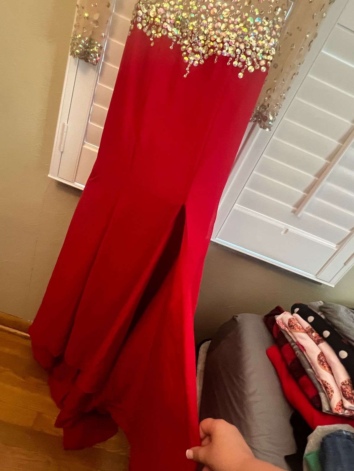 Size 6 Prom Sheer Red Side Slit Dress on Queenly